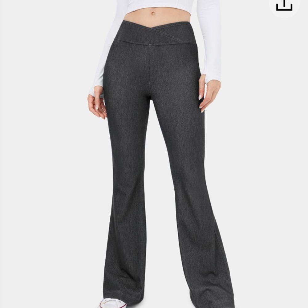 High Waisted Crossover Stretchy Knit Denim Casual Flare Pants Black Medium Reg